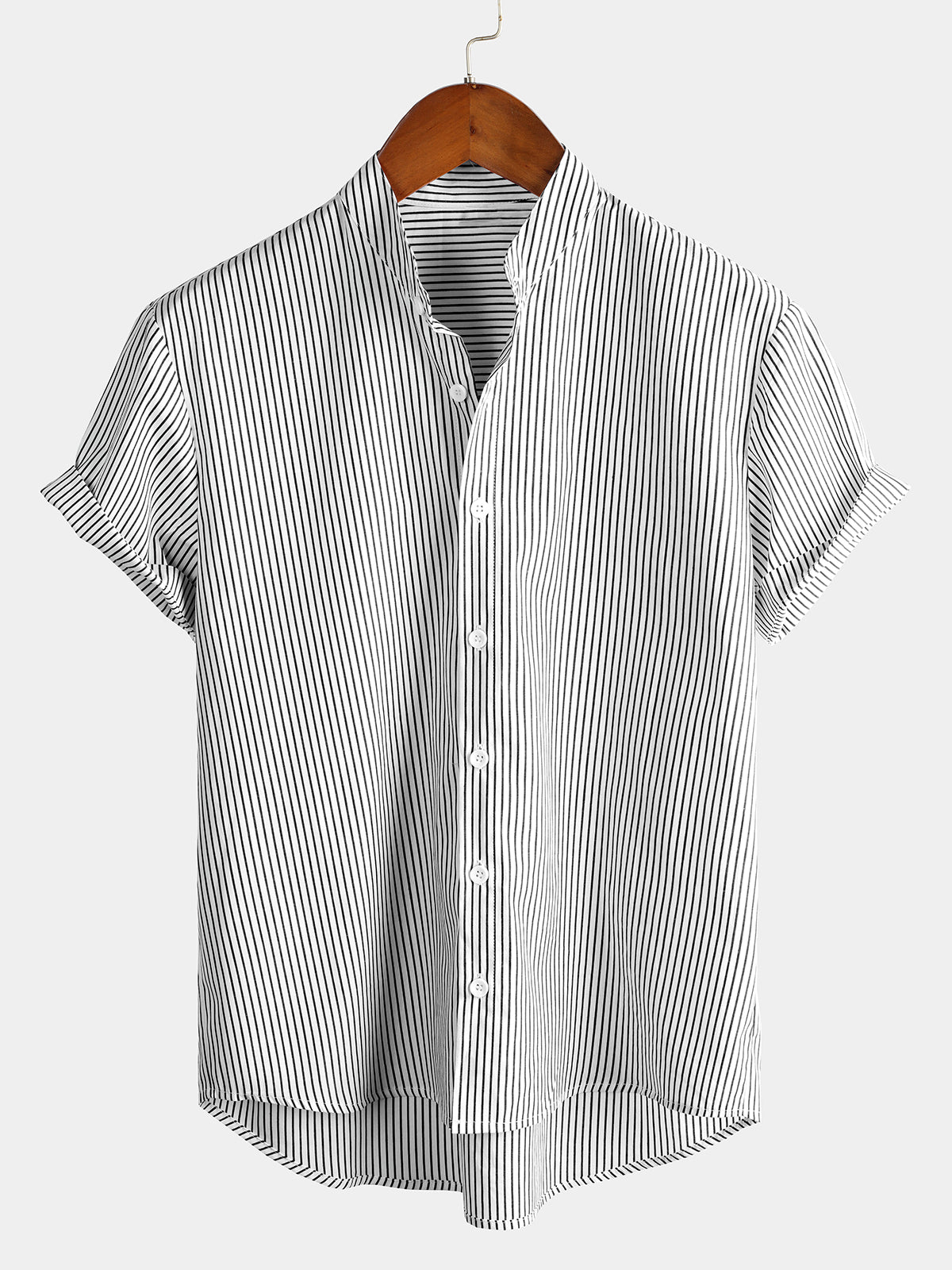 Men's Cotton Striped Stand Collar Short Sleeve Shirt