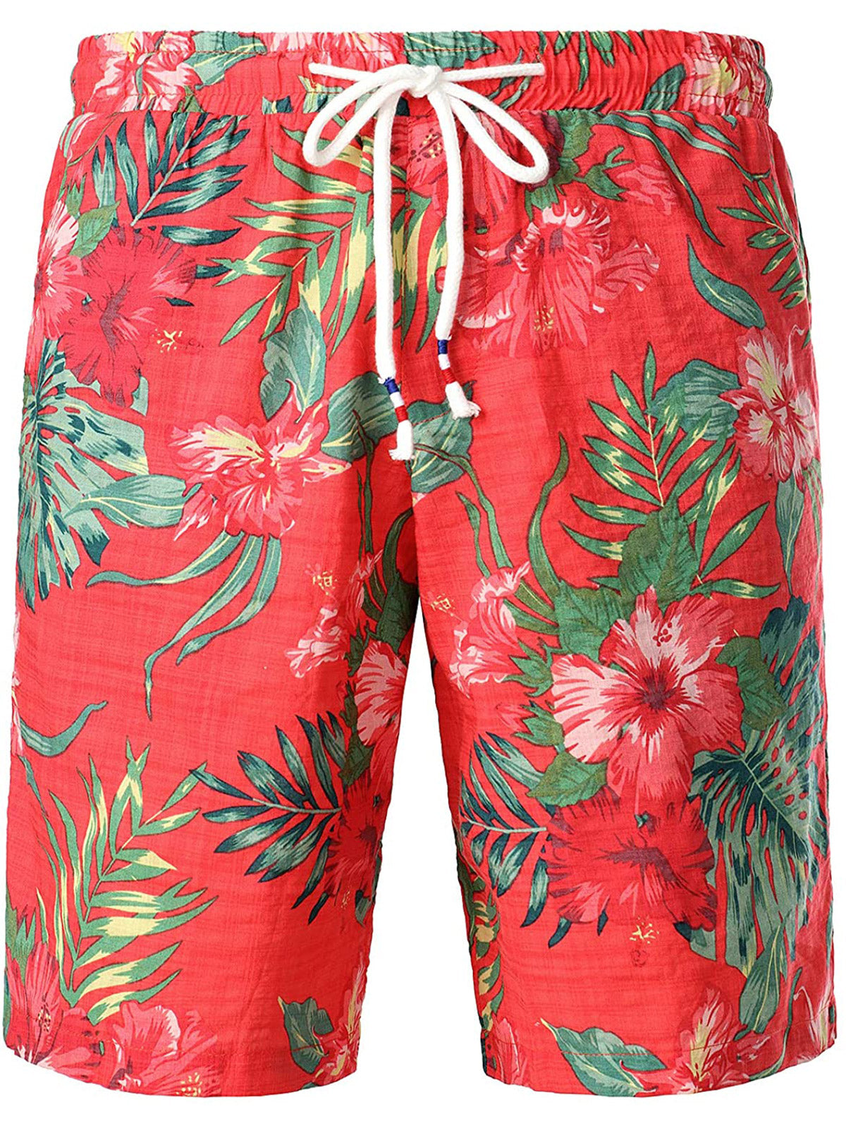 Men's Cotton Casual Red Flower Hawaiian Shorts