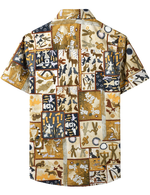Men's Patchwork Tribal Print Button Up Retro Cotton Short Sleeve Bohemian Brown Summer Shirt