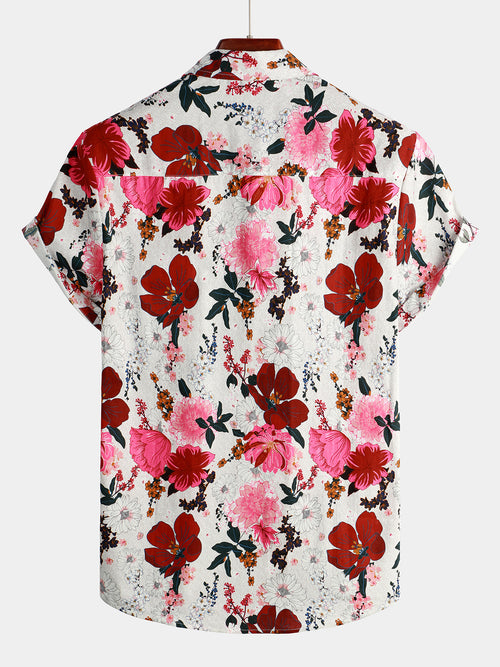 Men's Pink Flower Print Cotton Short Sleeve Shirt