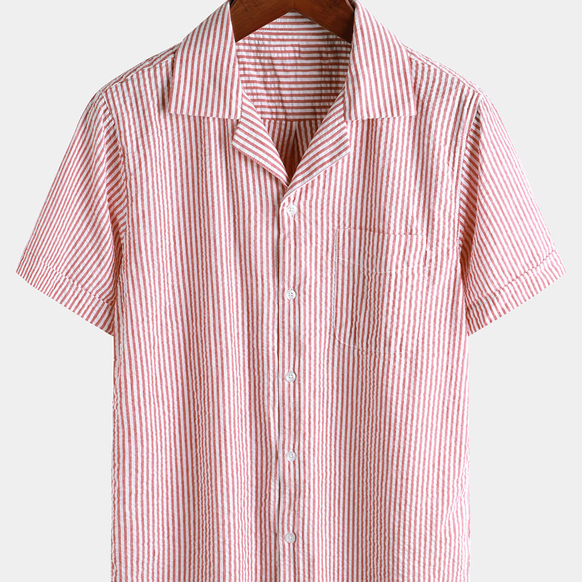 Camisa de playa de manga corta para campamento con cuello cubano de verano con botones de algodón a rayas transpirable para hombre