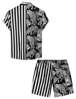 Men's Black Short Sleeve Animal Striped Patchwork Pocket Casual Shirt & Shorts Set