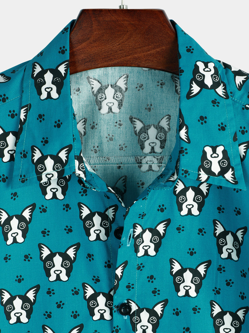 Men's Dog Pet Print Cotton Summer Button Up Casual Blue Short Sleeve Shirt