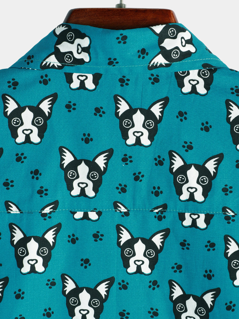 Men's Dog Pet Print Cotton Summer Button Up Casual Blue Short Sleeve Shirt