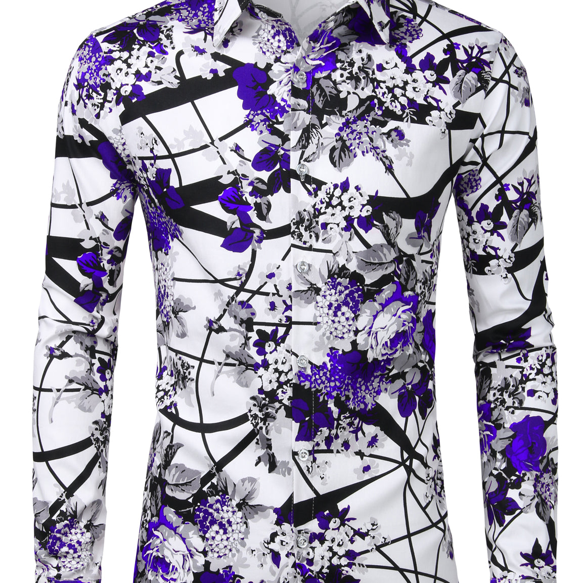 Men's Cotton Floral Print Casual Button Up Long Sleeve Dress Shirt