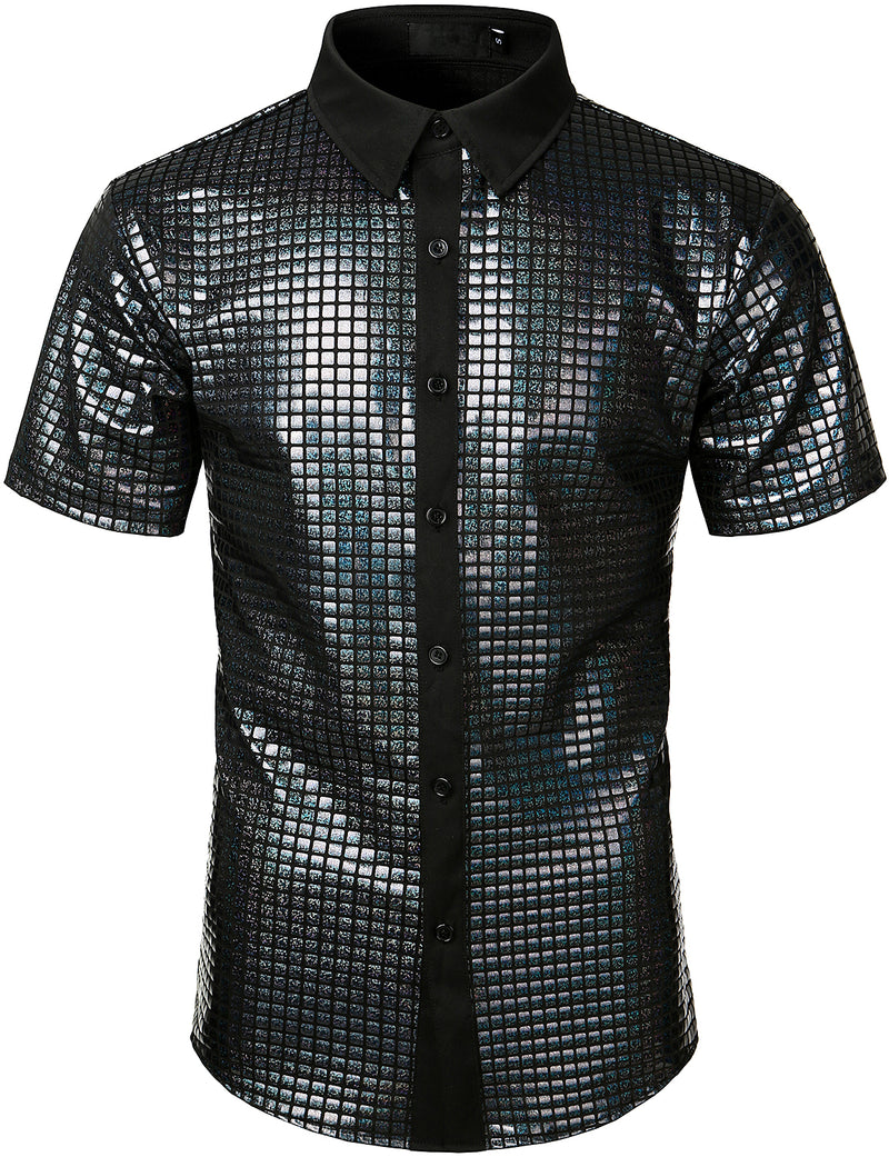 Men's Button Up Short Sleeve Sequins Disco Shirt