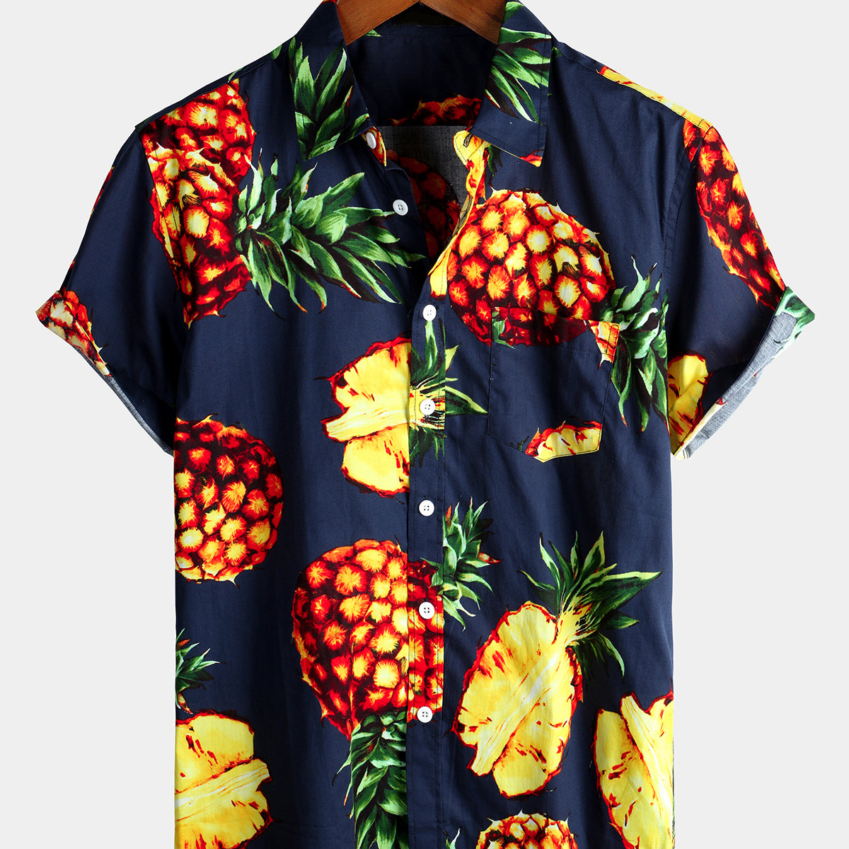 Men's Pink Pineapple Print Holiday Pocket Cotton Shirt