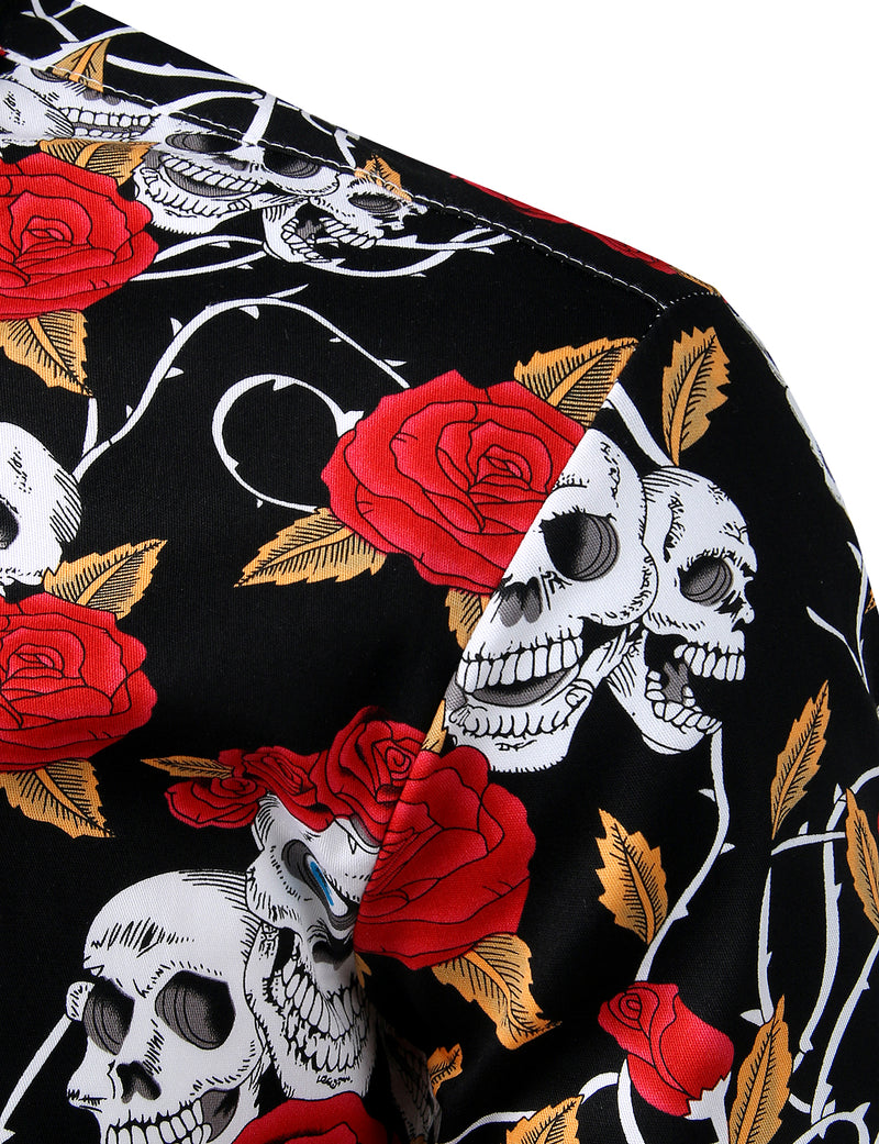 Men's Floral Print Cotton Long Sleeve Skull Rose Rock and Roll Casual Button Up Shirt
