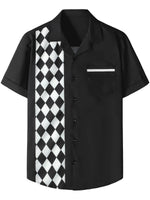 Men's Black and White Checked Argyle 50s Rockabilly Style Checkerboard Retro Bowling Button Up Short Sleeve Shirt