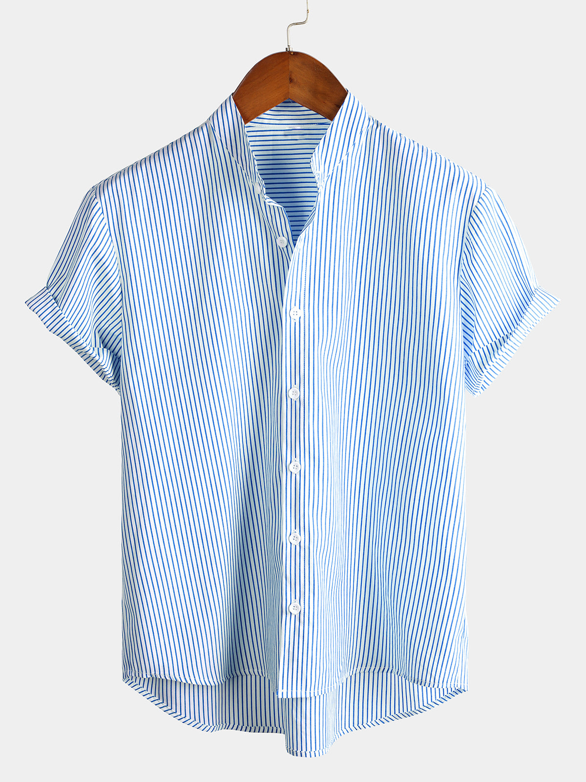 Men's Cotton Striped Stand Collar Short Sleeve Shirt