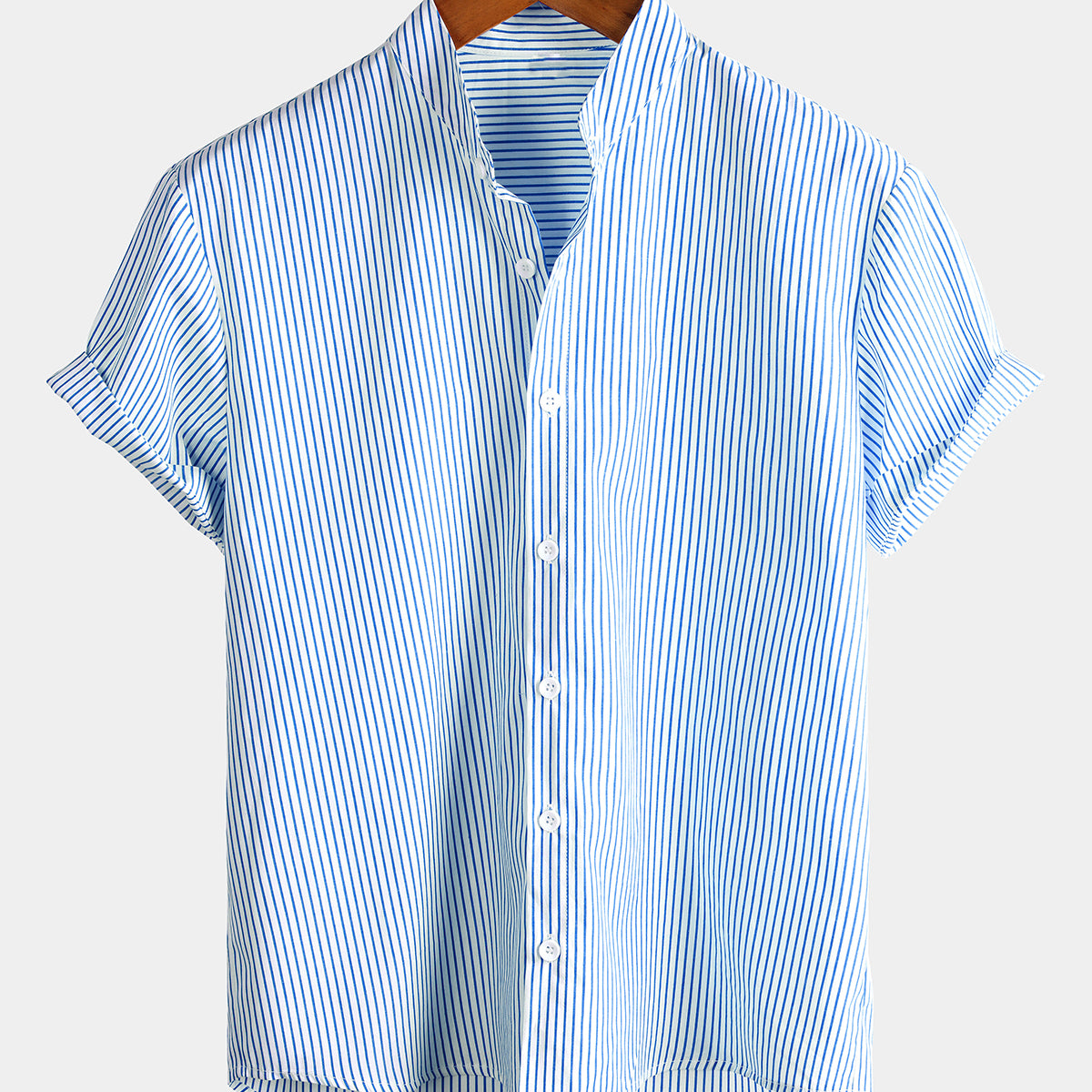 Men's Cotton Striped Stand Collar Short Sleeve Shirt