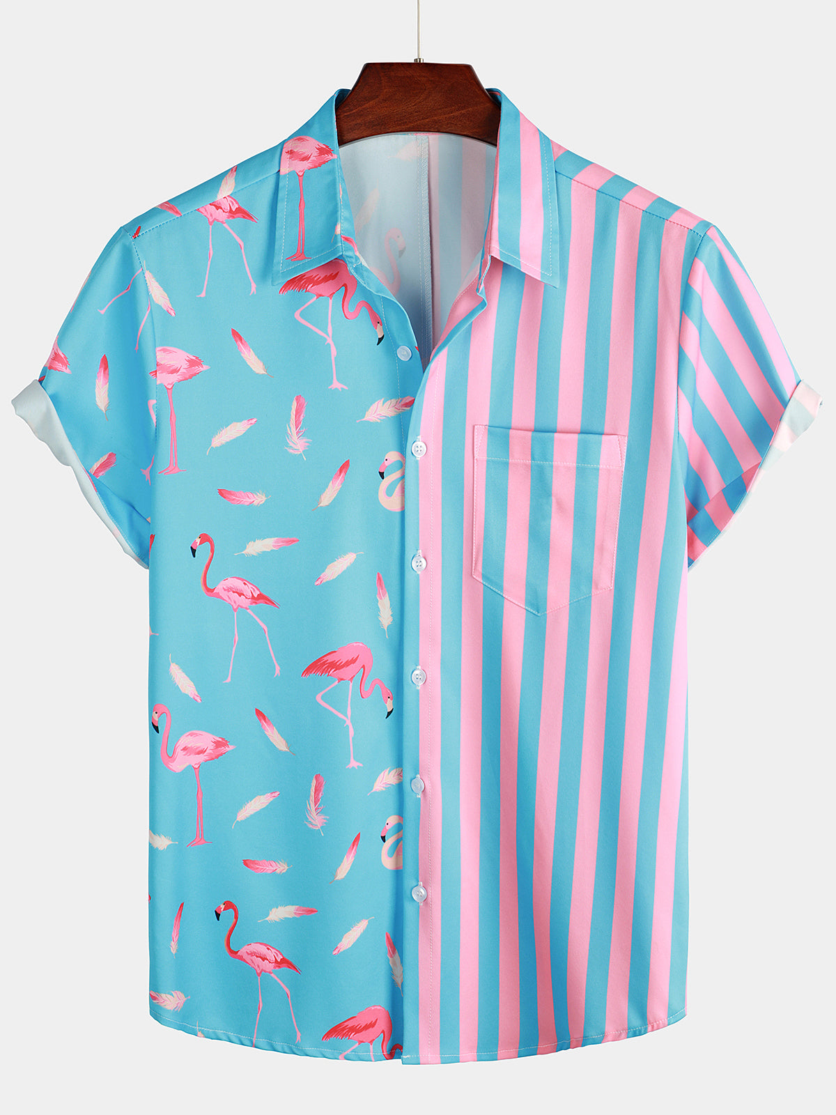 Men's Flamingo & Striped Print Pocket Short Sleeve Shirt