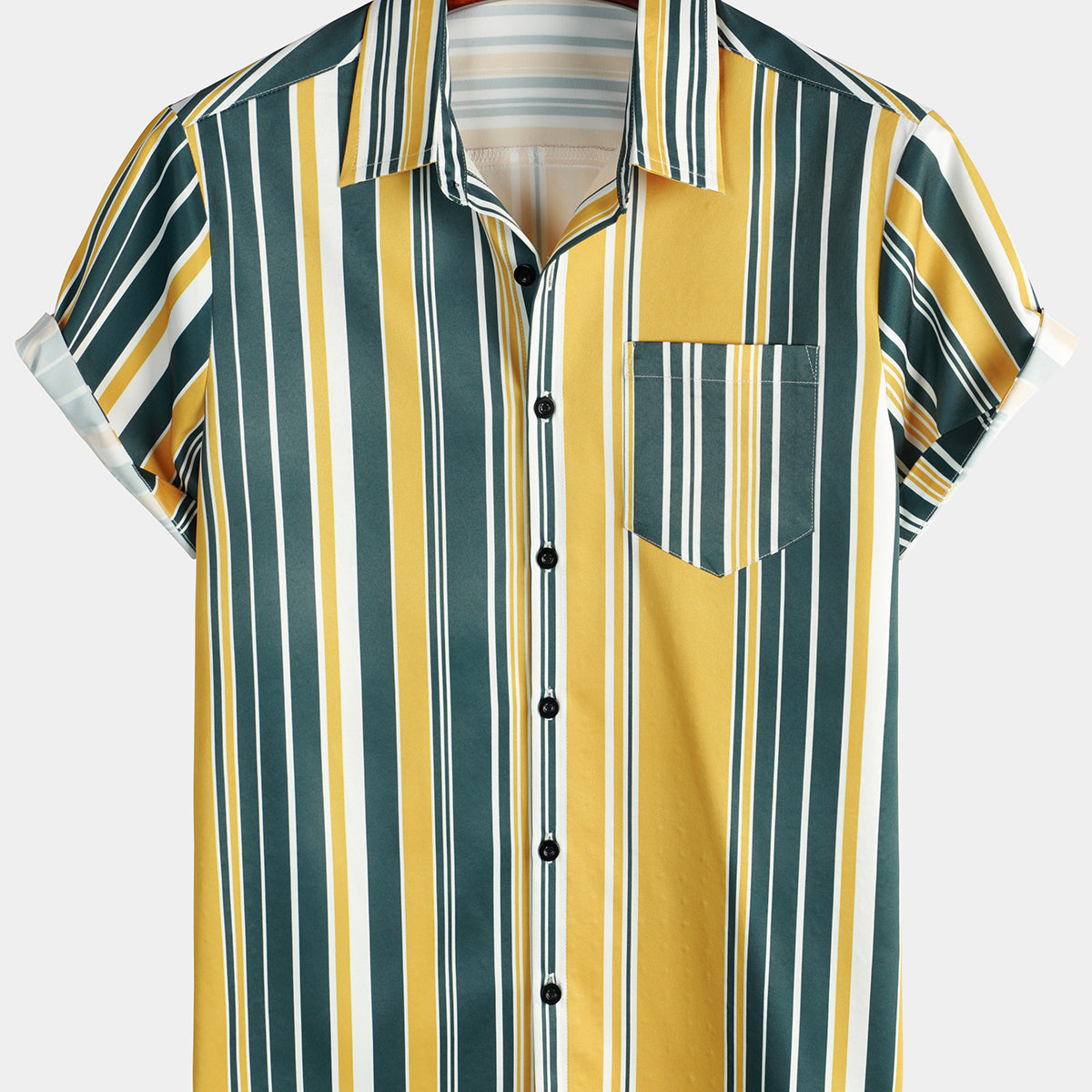 Men's Casual Button Up Retro Yellow And Green Vertical Striped Pocket Short Sleeve Shirt