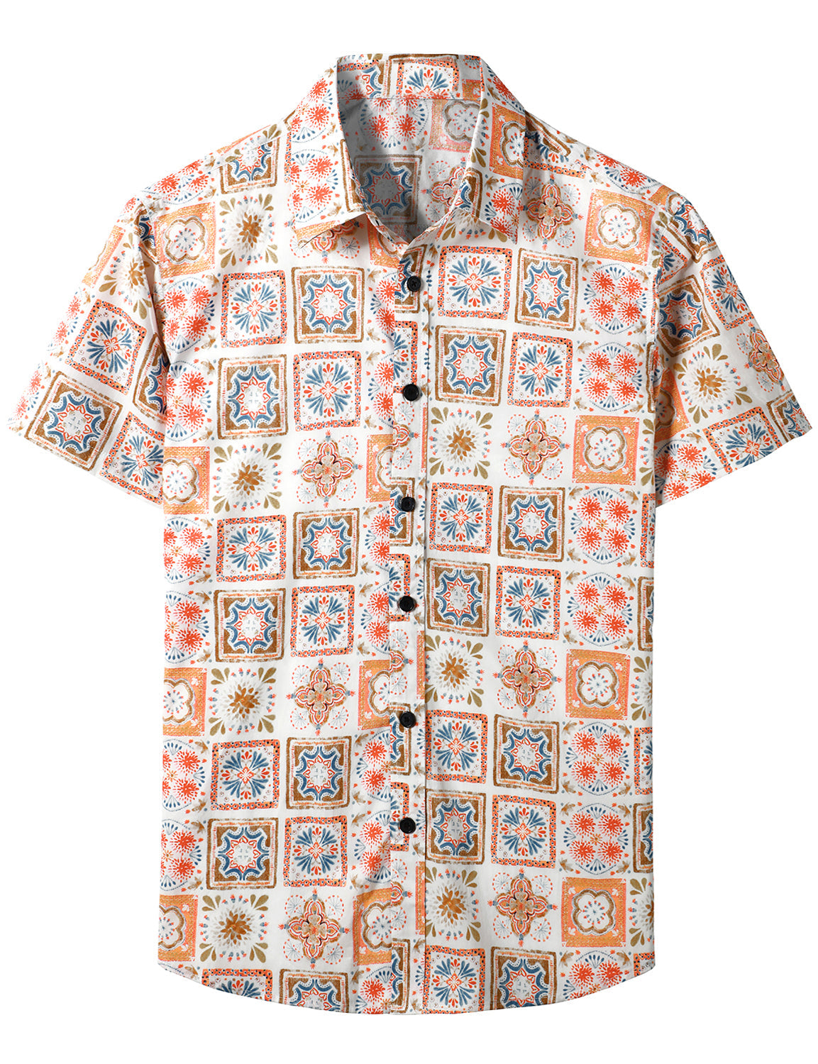Men's Vintage Patchwork Floral Beige Breathable Boho Cotton Bohemian Short Sleeve Shirt