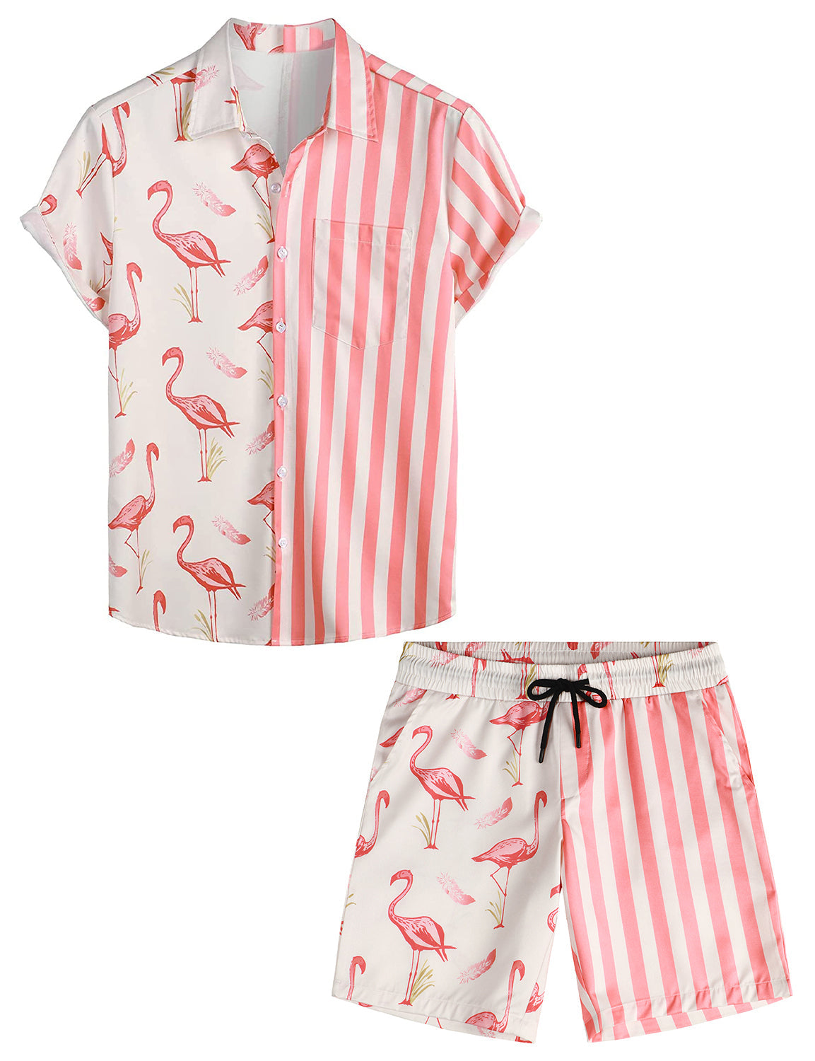 Men s Pink Flamingo Striped Print Holiday Pocket Shirt Shorts Set Alsofitit