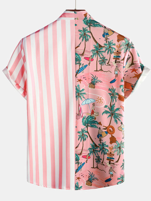 Men's Pink White Striped Palm Tree Print Aloha Short Sleeve Hawaiian Shirt