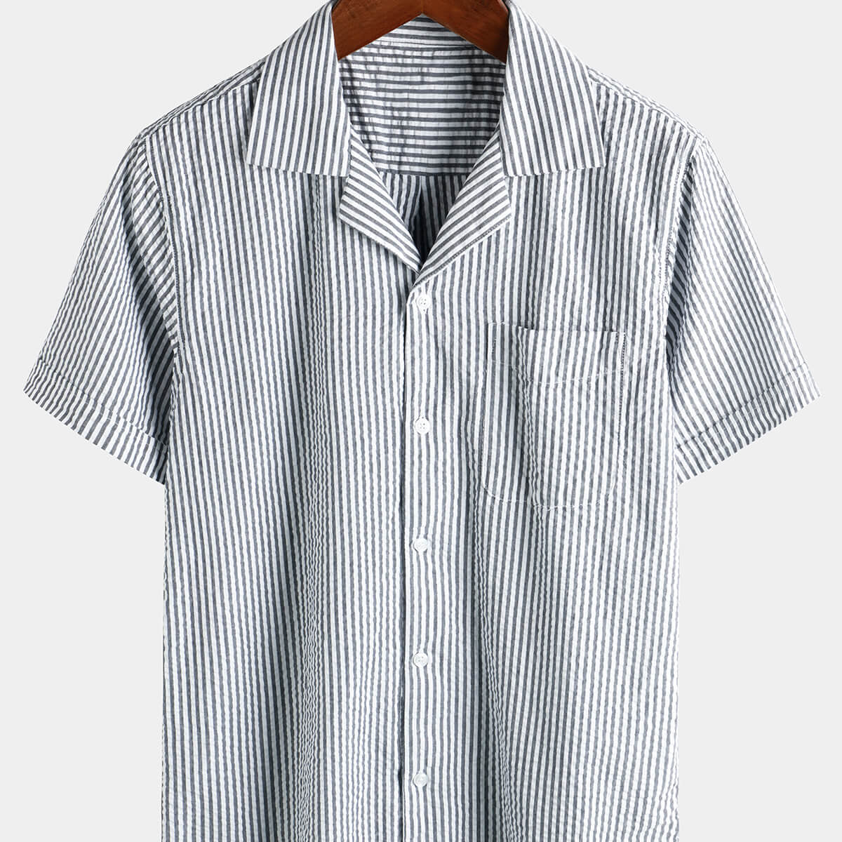 Camisa de playa de manga corta para campamento con cuello cubano de verano con botones de algodón a rayas transpirable para hombre