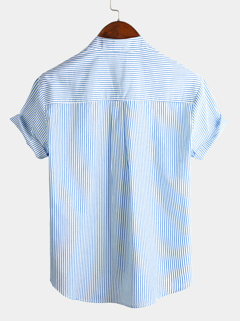 Men's Cotton Henley Breathable Stand Collar Solid Color Short Sleeve Classic Vertical Striped Shirt