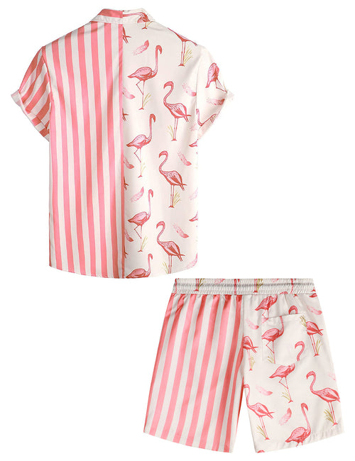 Men's Pink Flamingo & Striped Print Holiday Pocket Shirt & Shorts Set