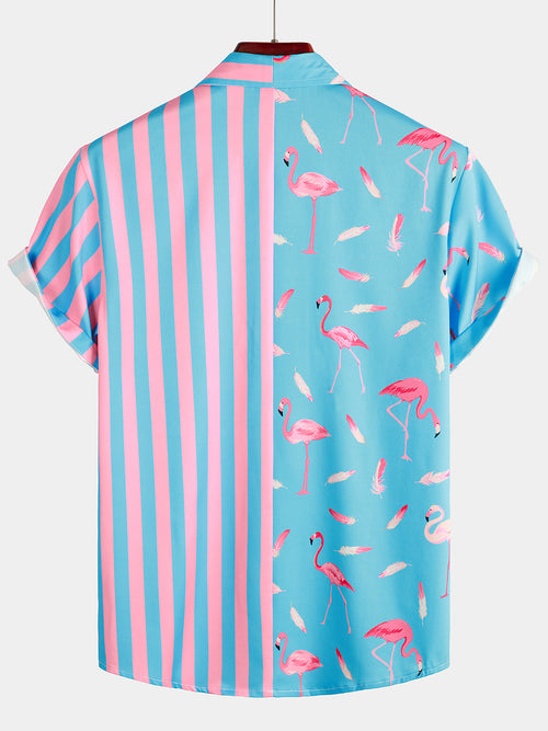Men's Flamingo & Striped Print Pocket Short Sleeve Shirt