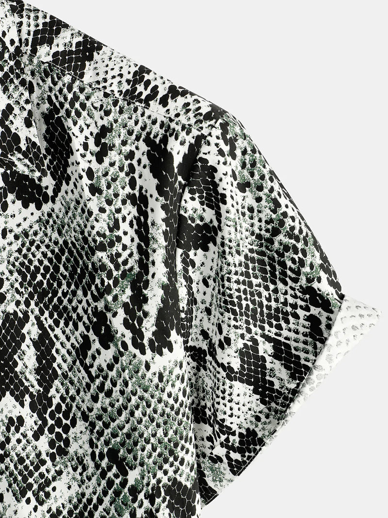 Men's Snake Skin Print Animal Pattern Cool Button Up Cotton Short Sleeve Vacation Shirt