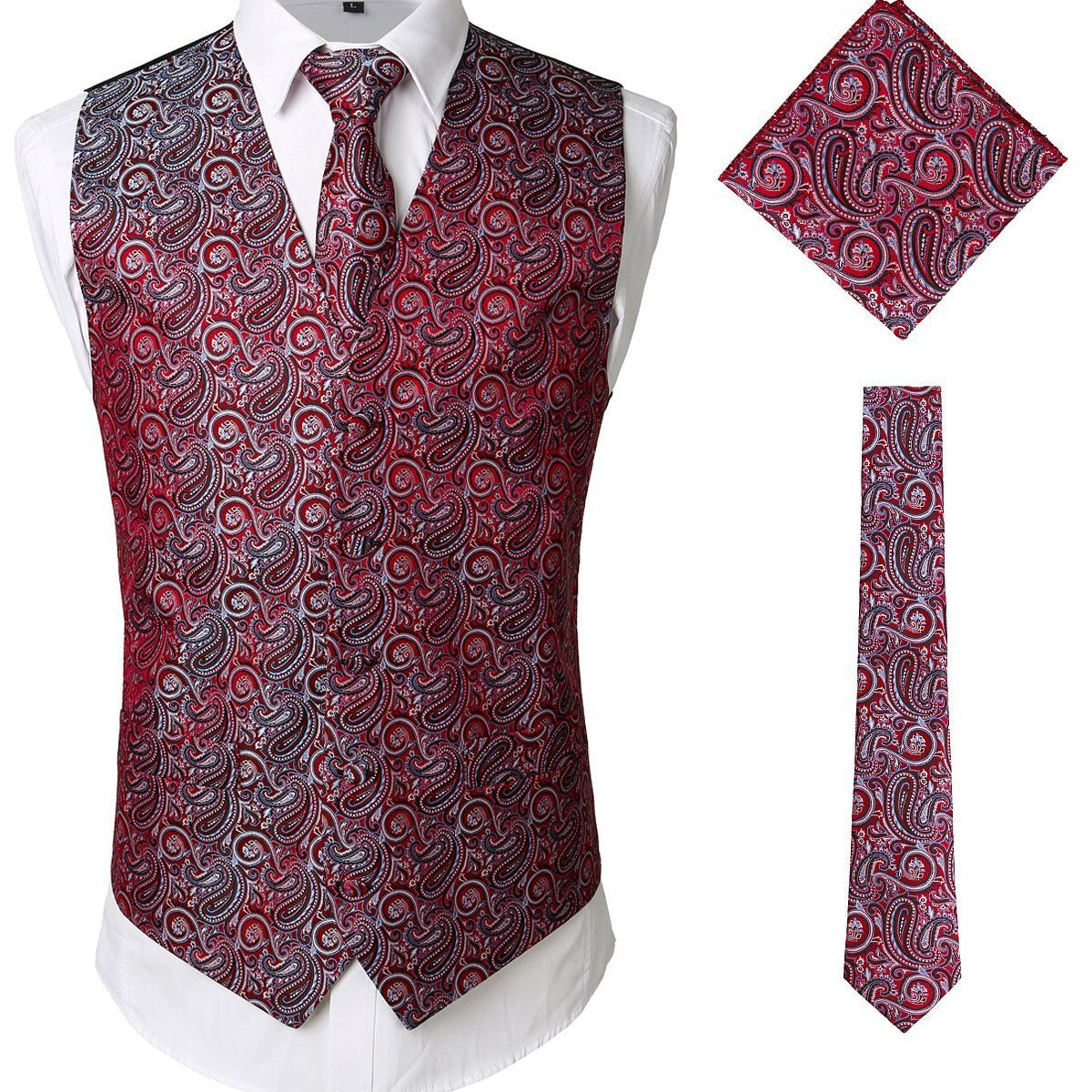 Men's Paisley Vest Necktie Pocket Square Handkerchief Set for Suit or Tuxedo