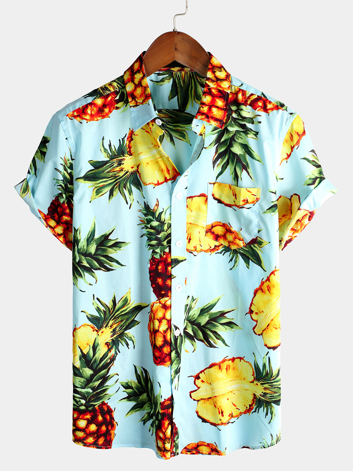 Men's Pink Pineapple Print Holiday Pocket Cotton Shirt