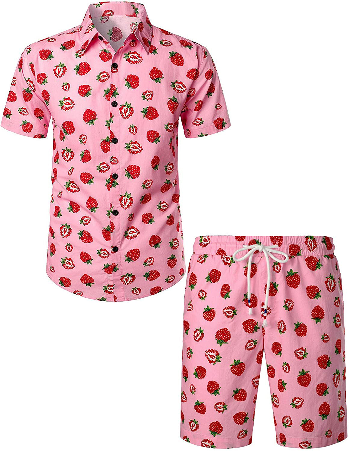 Men's Cotton Strawberry Print Hawaiian Shirt & Shorts Set