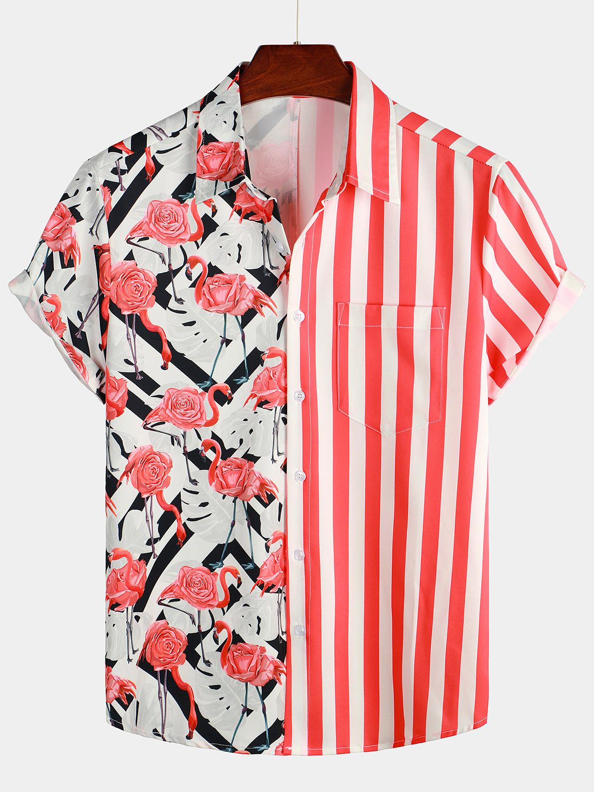 Men's Flamingo & Striped Print Pocket Short Sleeve Shirt