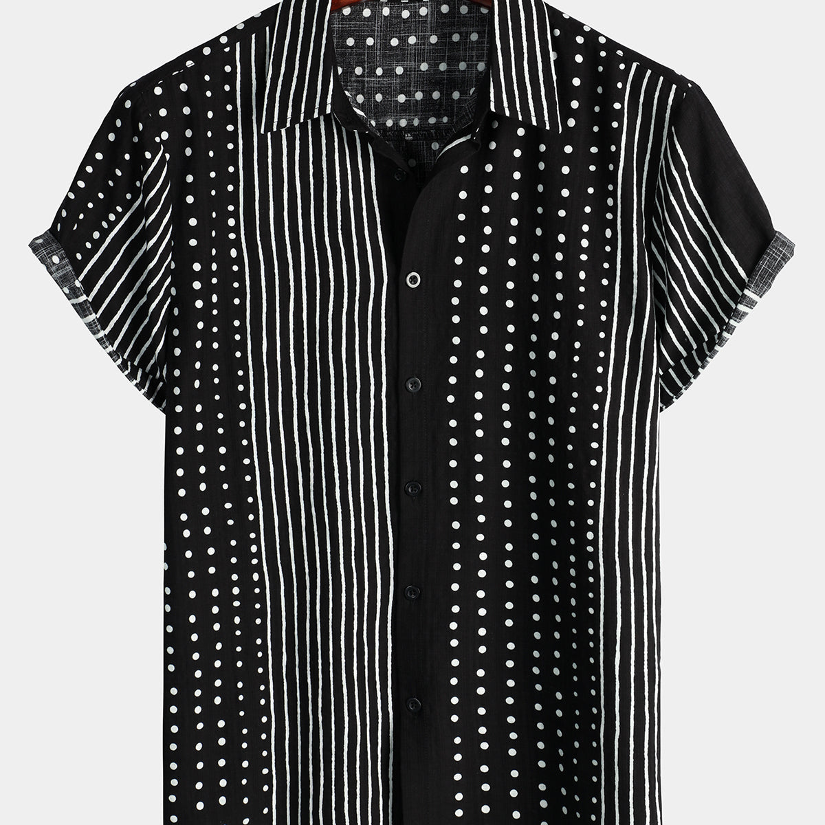 Men's Retro Black Striped and Polka Dot Button Up Short Sleeve Shirt