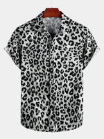 Men's Cotton Casual White Leopard Animal Print Cheetah Rock Button Up Short Sleeve Shirt