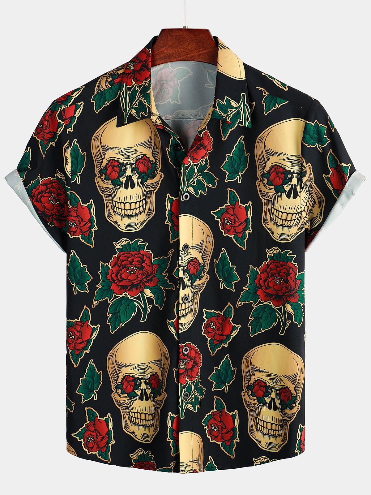 Men's Gold Skull Rose Print Short Sleeve Shirt