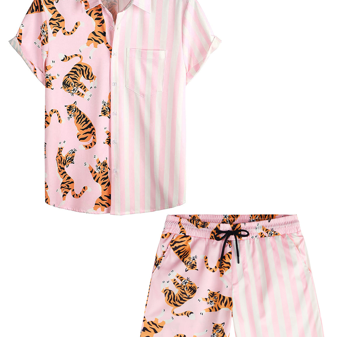 Men's Tiger and Pink Striped Patchwork Pocket Shirt & Shorts Set