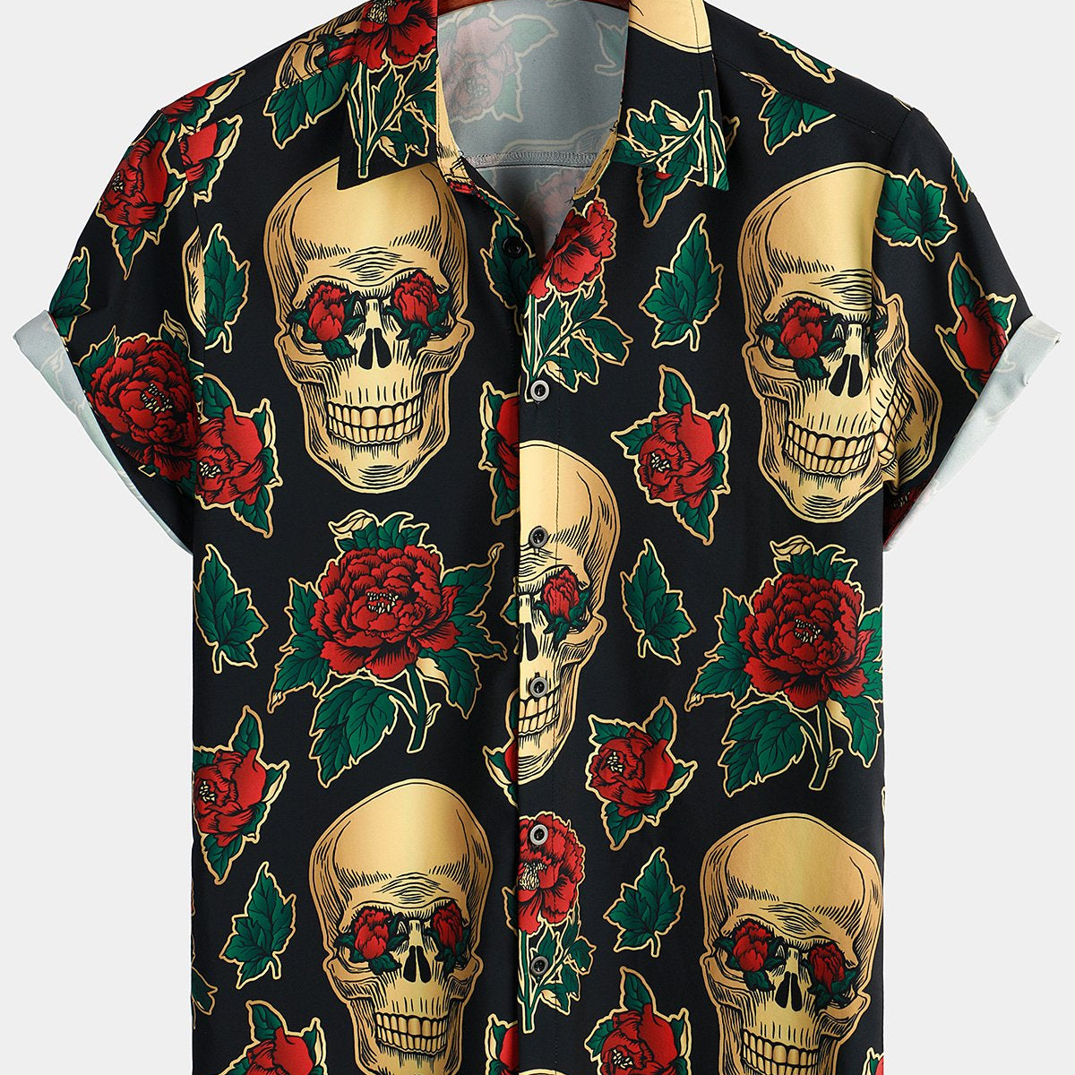 Men's Skull Rose Print Short Sleeve Hawaiian Shirt