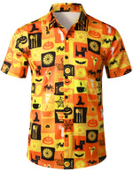Men's Pumpkin Black Cat Halloween Short Sleeve Shirt