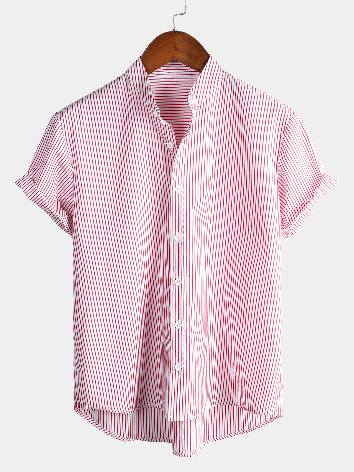 Men's Cotton Striped Stand Collar Short Sleeve Shirt