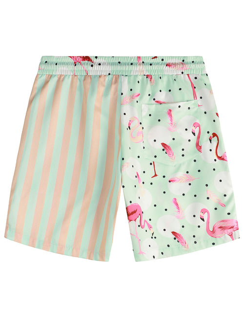 Men's Flamingo and Green Pink Striped Beach Hawaiian Aloha Summer Shorts