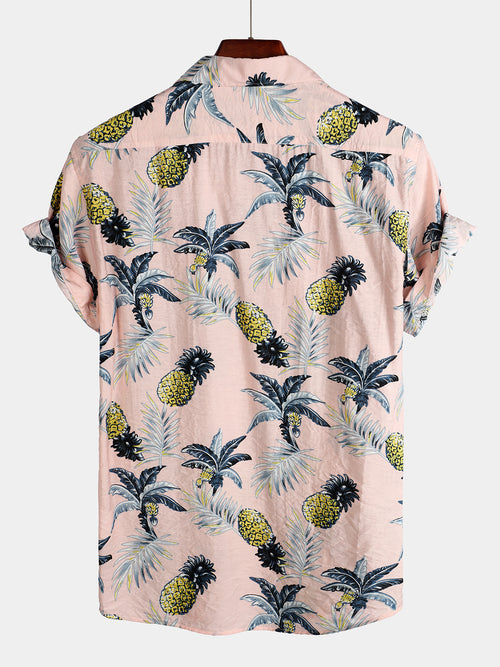 Men's Holiday Pink Pineapple Short Sleeve Pocket Shirt