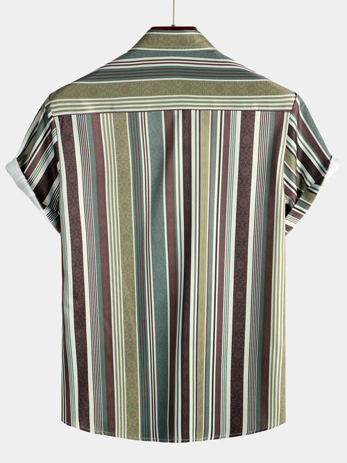 Men's Vintage Green And Brown Vertical Striped Button Up Pocket Short Sleeve Shirt