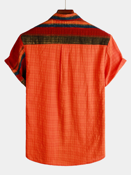 Men's Orange Striped Pocket Short Sleeve Shirt