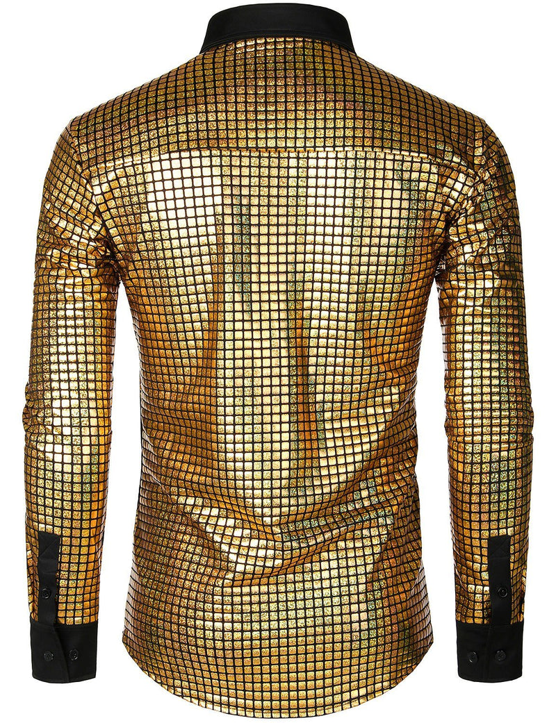 Men's Button Up Long Sleeve Sequins Disco Shirt