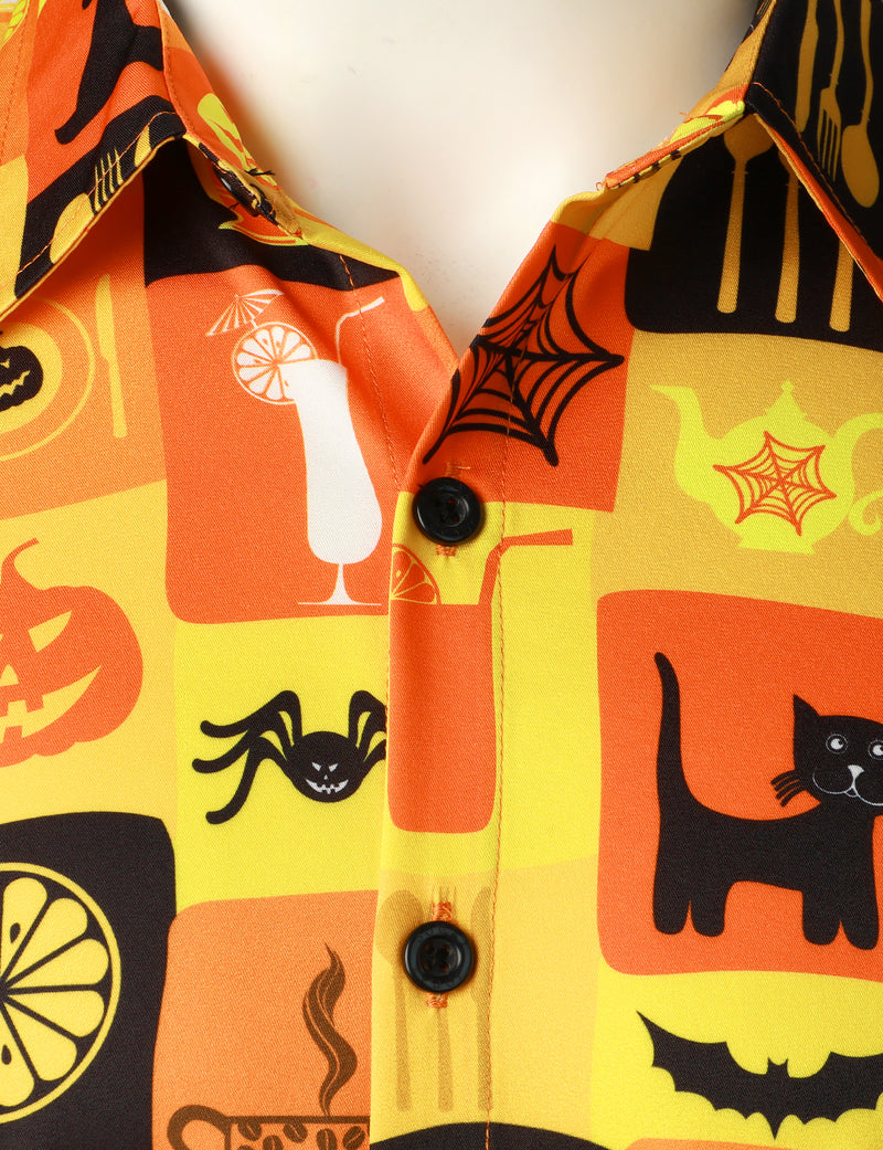 Men's Pumpkin Black Cat Halloween Short Sleeve Shirt
