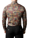 Men's Checkered Patchwork Casual Paisley Check Print Brown Long Sleeve Shirt