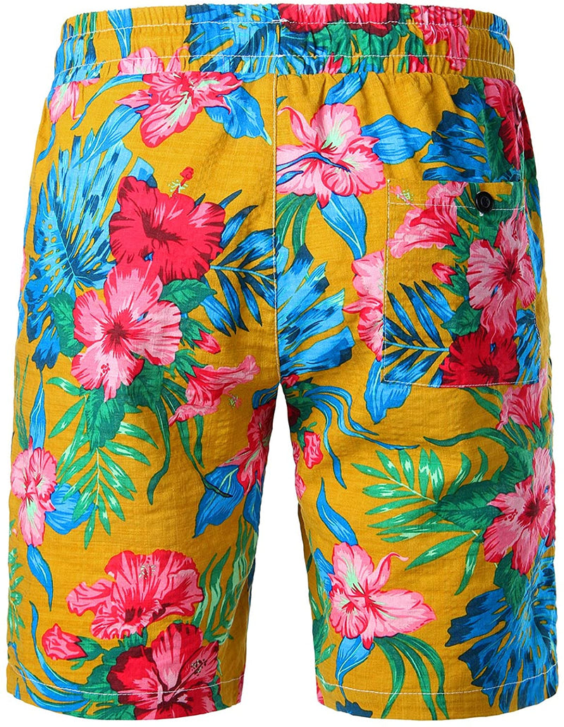 Men's Cotton Casual Yellow Flower Hawaiian Shorts