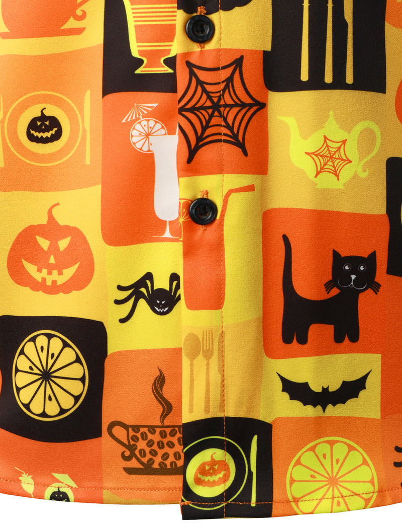 Men's Pumpkin Black Cat Halloween Short Sleeve Shirt