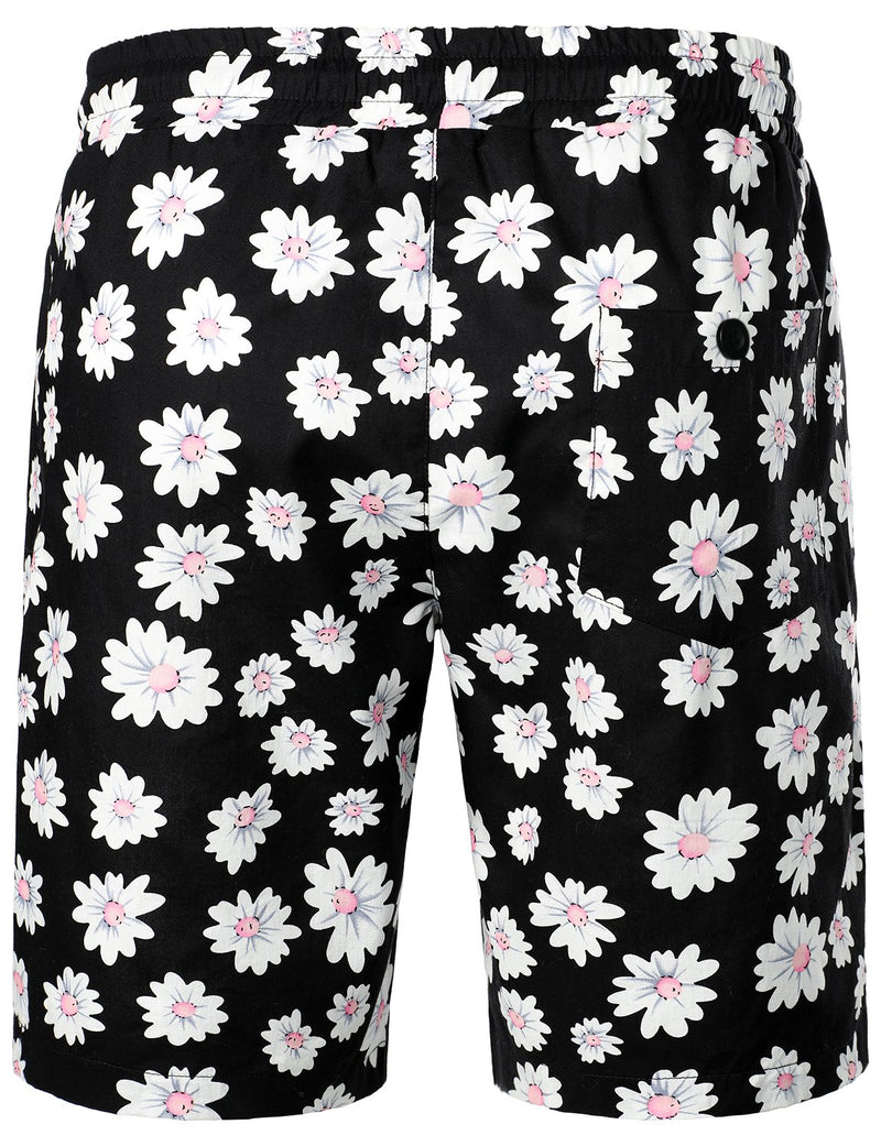 Men's Cotton Casual Black Daisy Hawaiian Shorts