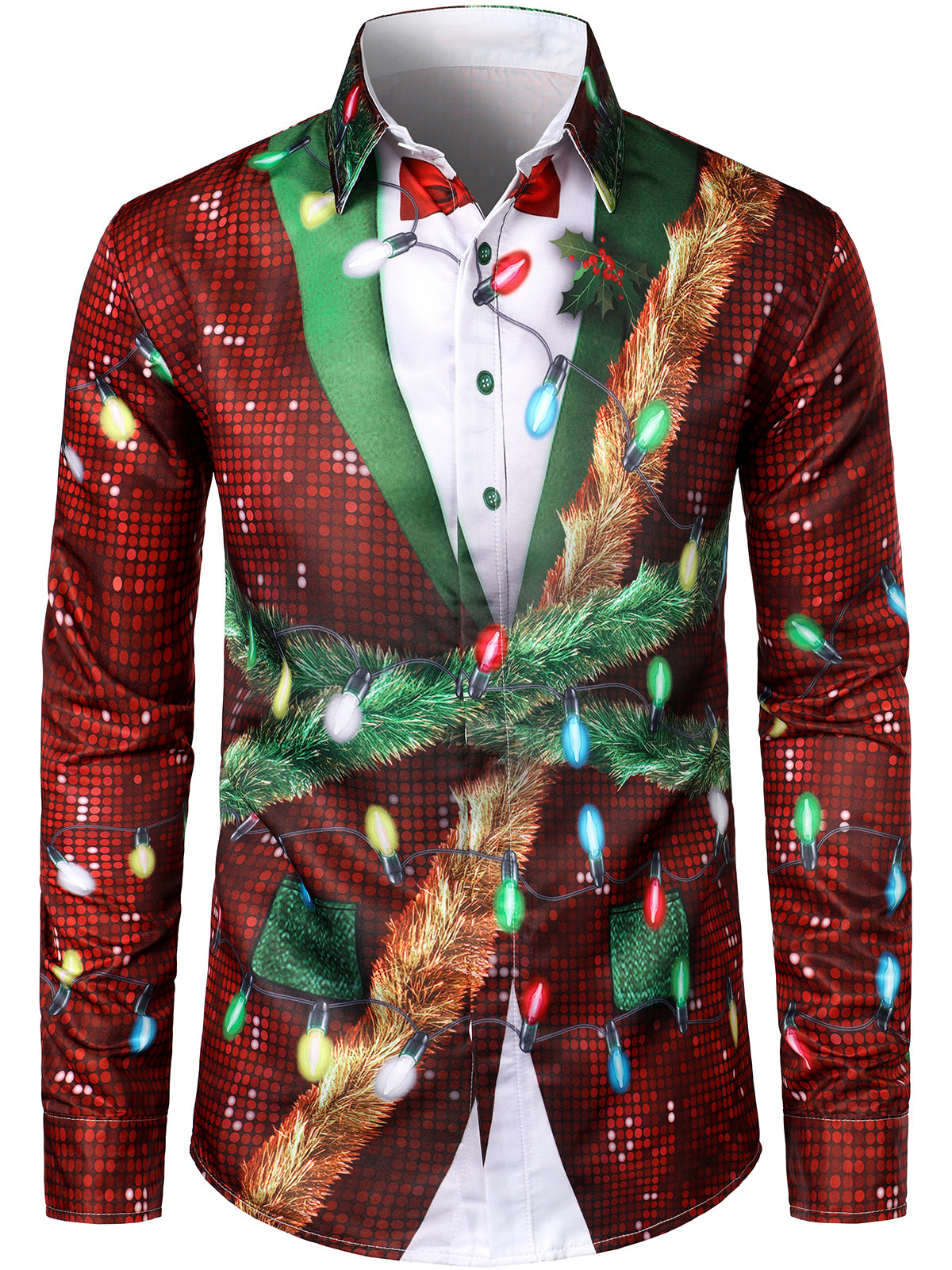 Men's Christmas Funny Outfit Themed Top Vacation Disco Button Long Sleeve Dress Shirt