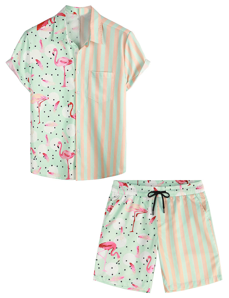Men's Flamingo and Green Pink Striped Patchwork Pocket Hawaiian Shirt & Shorts Set