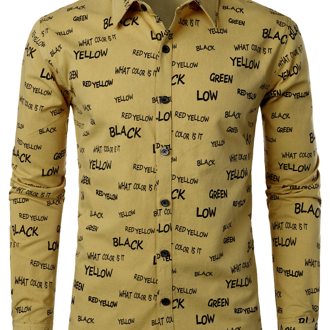 Men's Cotton Alphabet Letter Print Yellow Button Long Sleeve Shirt