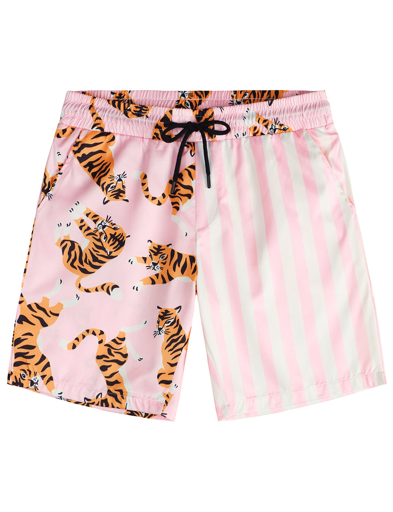 Men's Tiger and Pink Striped Beach Hawaiian Aloha Summer Shorts